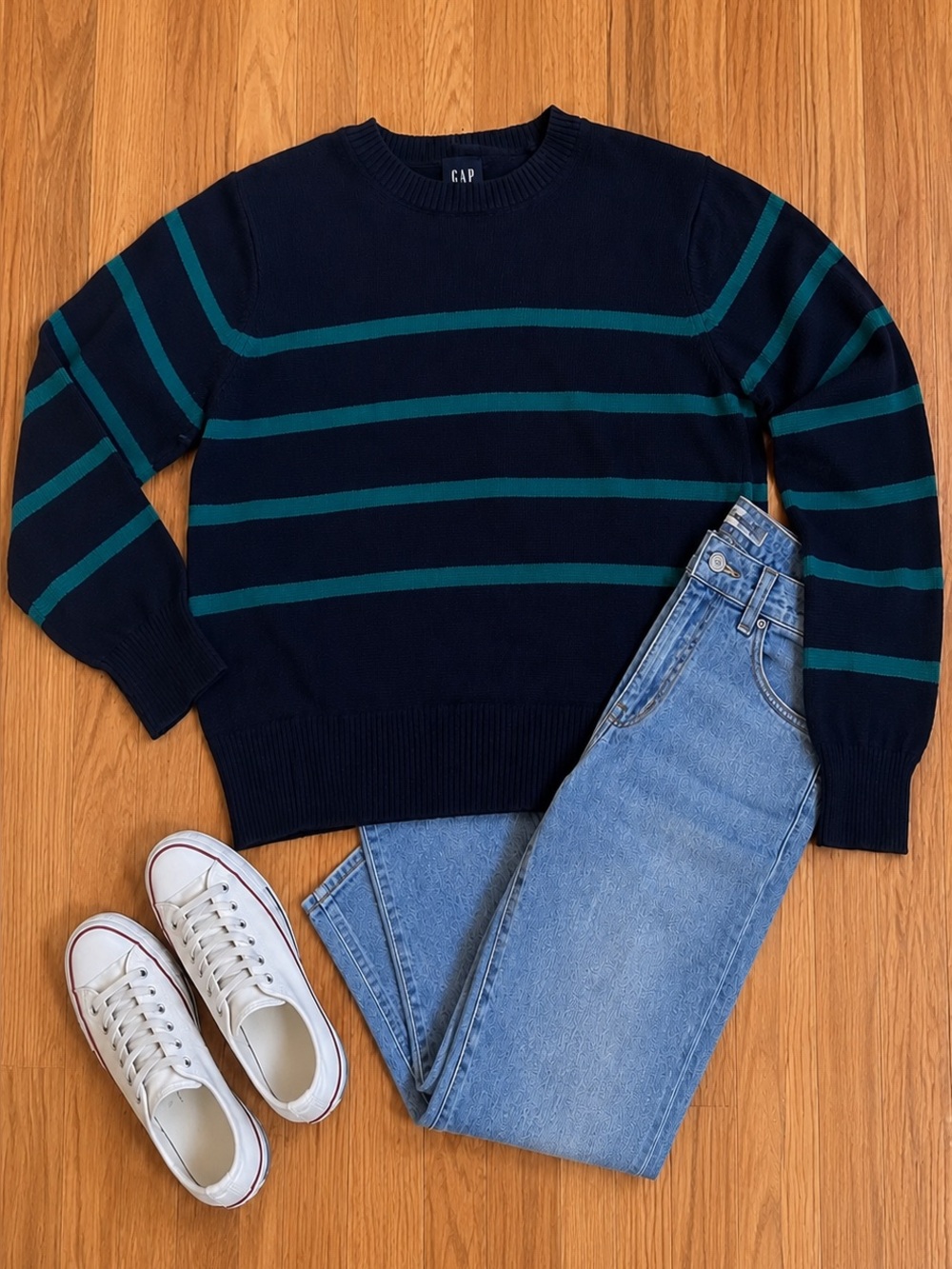 GAP Navy Green Striped Cotton Sweater Crew Neck Pullover Preppy Knit Size Large